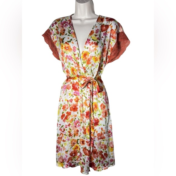 Oscar de la Renta Vintage Y2K Pink Orange Floral Label Chiffon Robe Small - Picture 1 of 11